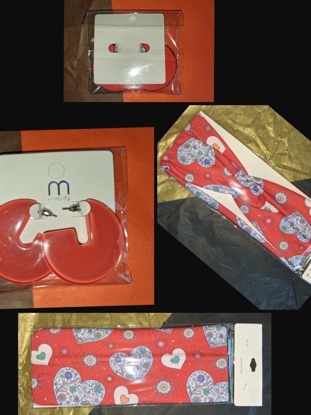 Red Heart-Print Headband with Red Hoop Earrings Bundle.